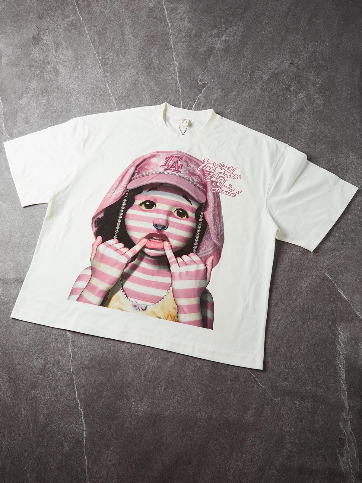 NOISSEY Beauty Standard Pink Striped Doll Graphic Boxy Tee - Streetwear T-Shirt
