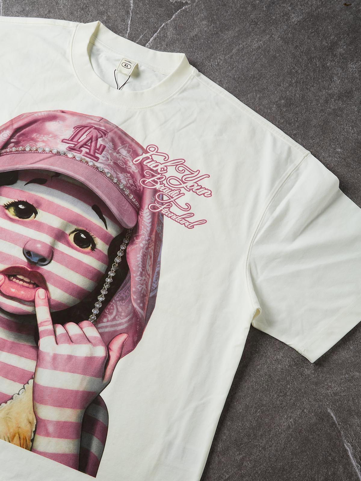 NOISSEY Beauty Standard Pink Striped Doll Graphic Boxy Tee - Streetwear T-Shirt