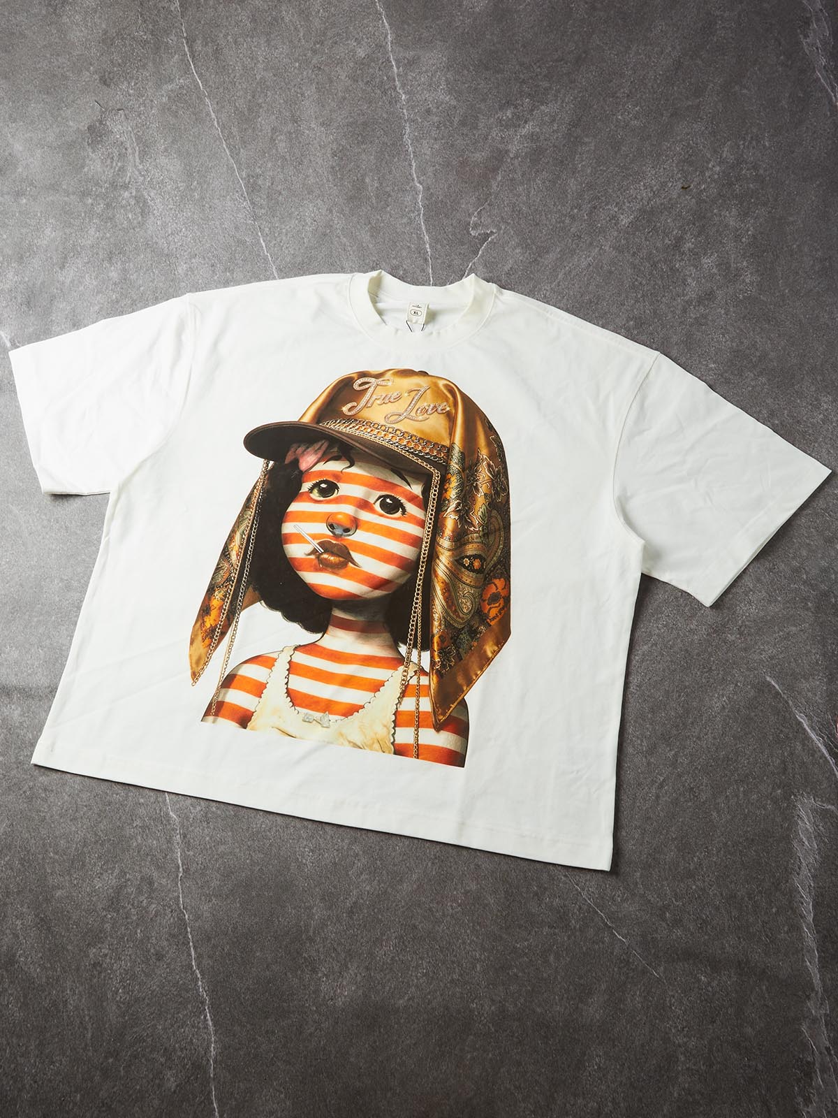 NOISSEY True Love Orange Striped Cartoon Doll Boxy Tee