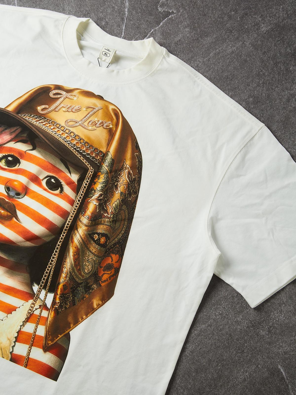 NOISSEY True Love Orange Striped Cartoon Doll Boxy Tee