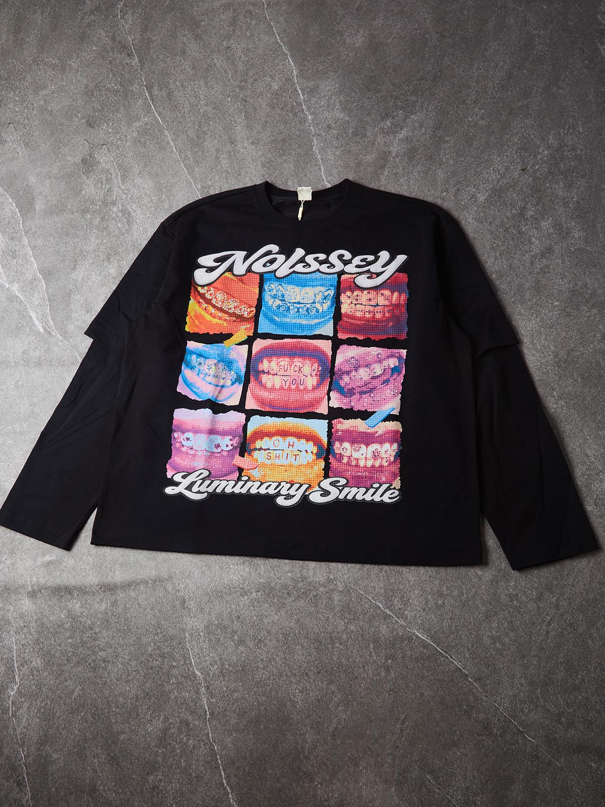 NOISSEY "Luminary Smile" Pop Art Nine-Grid Rhinestone Teeth Faux Layer Long Sleeve - black