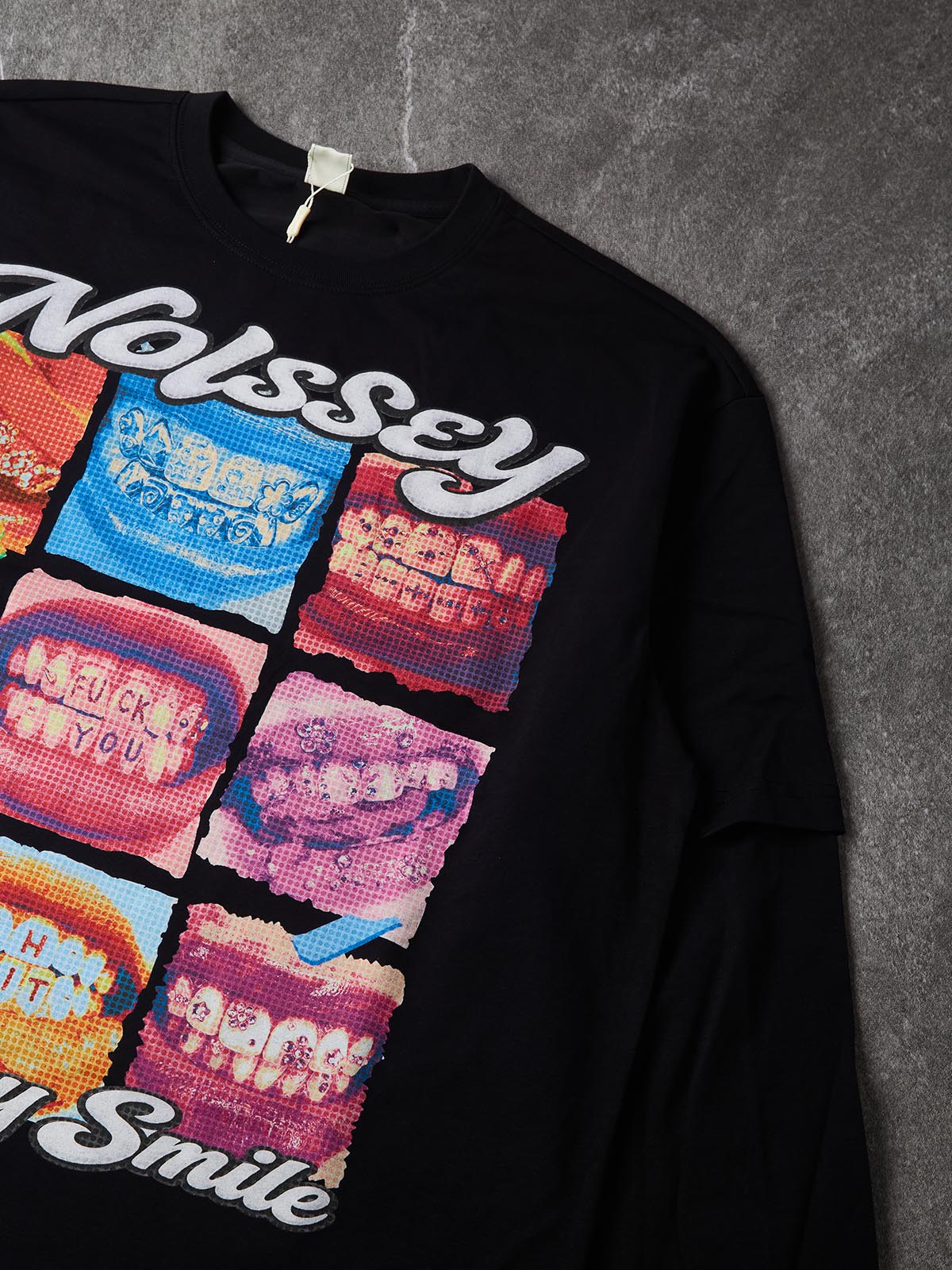 NOISSEY "Luminary Smile" Pop Art Nine-Grid Rhinestone Teeth Faux Layer Long Sleeve - black