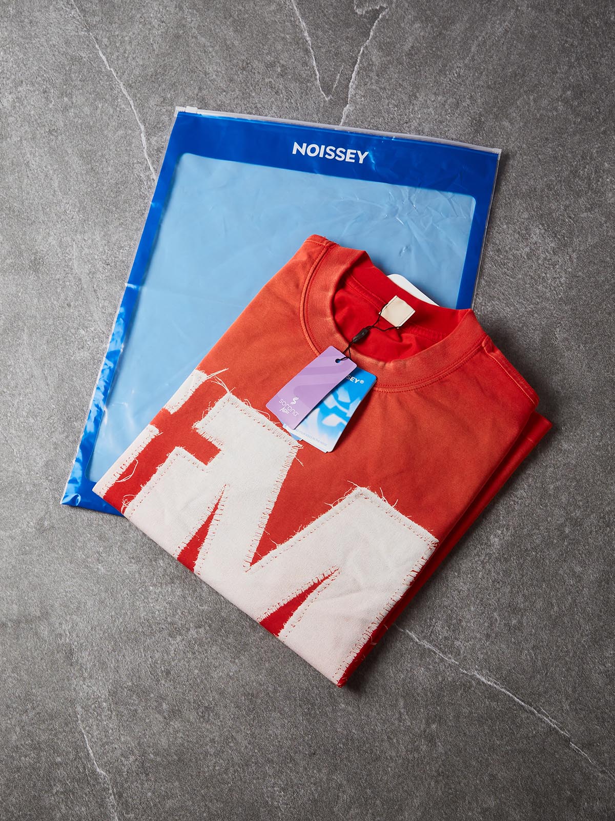 NOISSEY IM BLESSED Orange-Red Gradient Faux-Patch Heavyweight Cotton Blend Boxy Short Sleeve T-Shirt