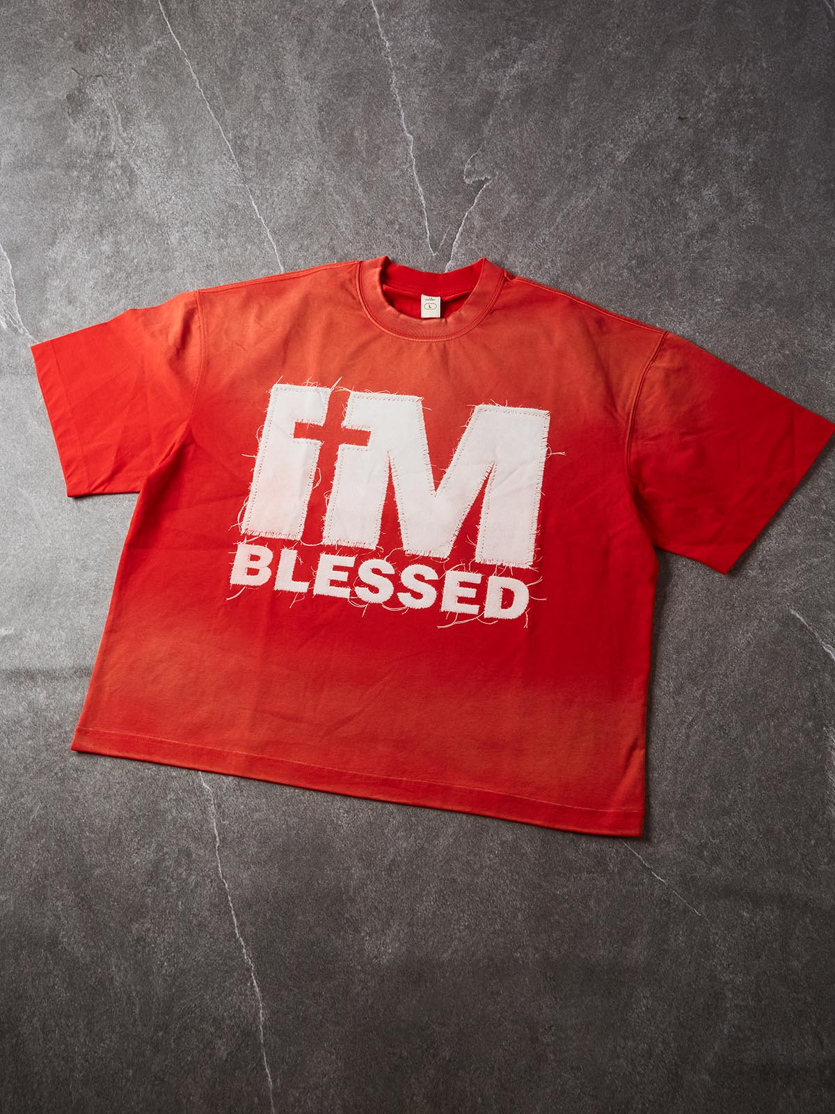 NOISSEY IM BLESSED Orange-Red Gradient Faux-Patch Heavyweight Cotton Blend Boxy Short Sleeve T-Shirt