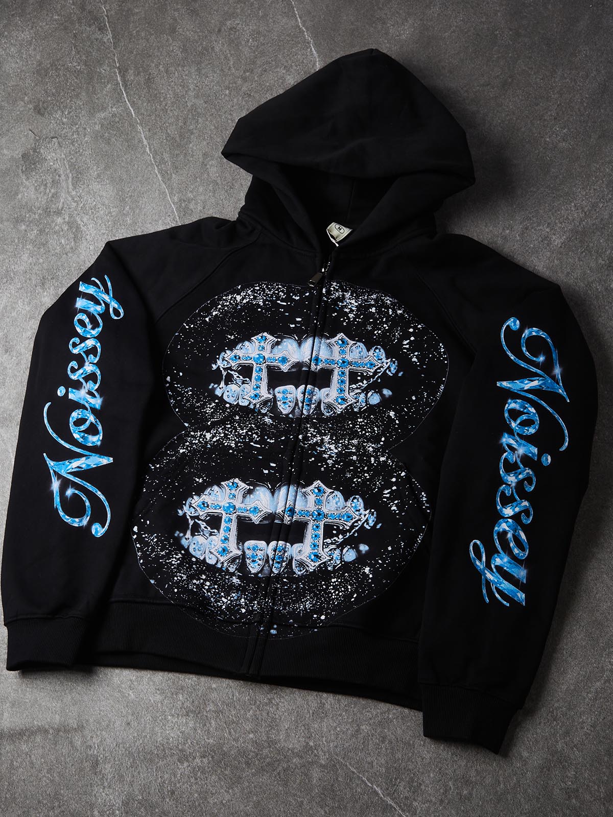 NOISSEY "Double Blue Diamond Cross" Full-Zip Hoodie - Black