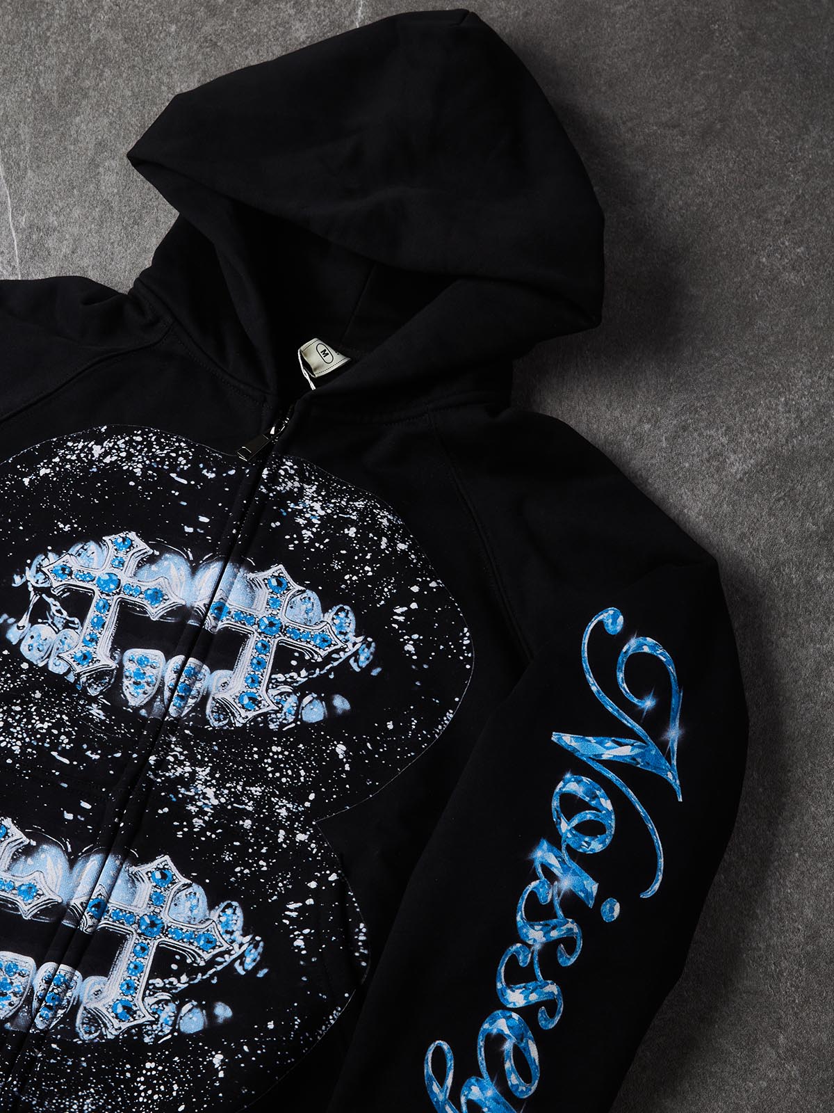 NOISSEY "Double Blue Diamond Cross" Full-Zip Hoodie - Black