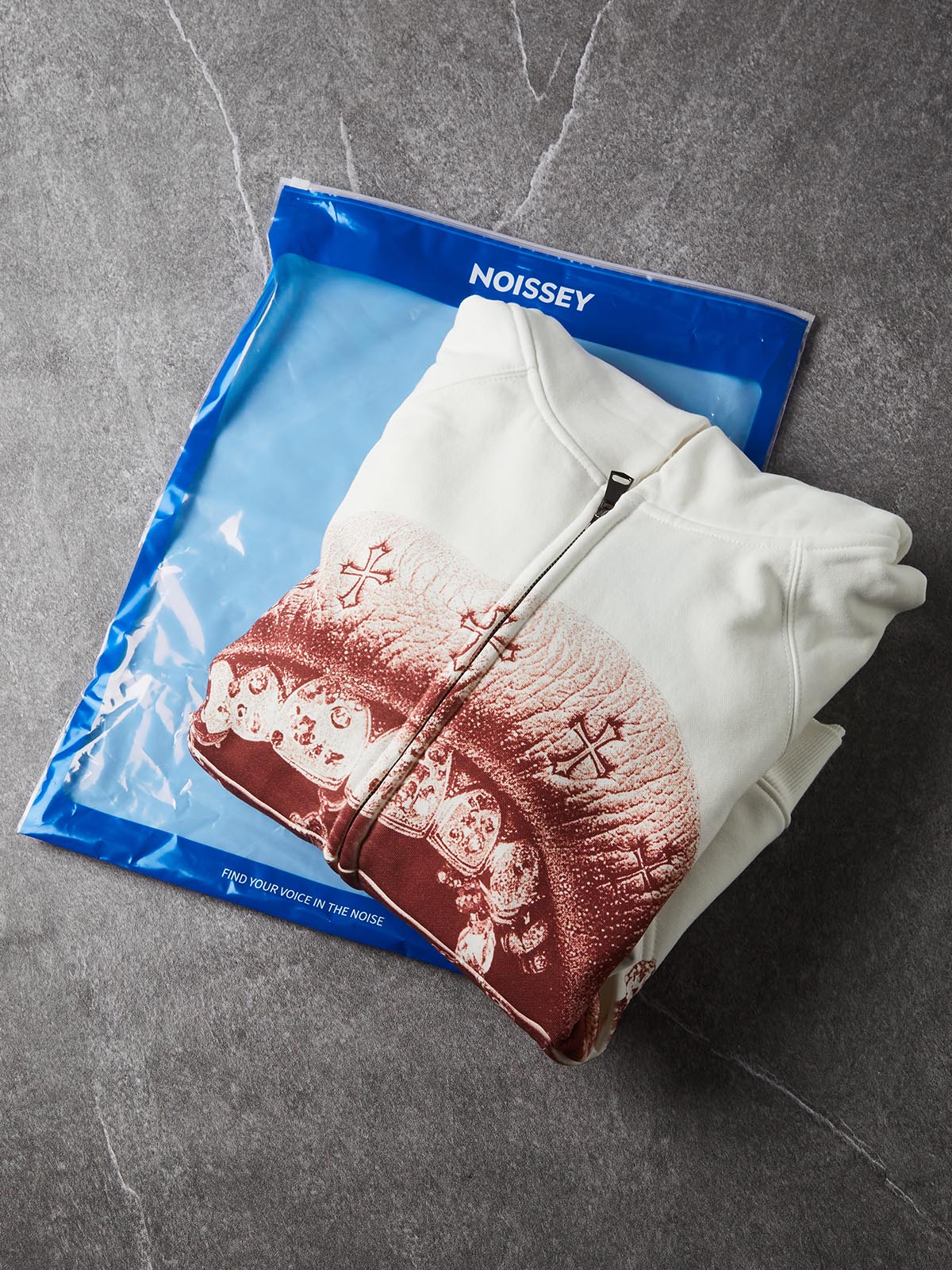 NOISSEY "Red Print Cross Grills" Full-Zip Hoodie - White