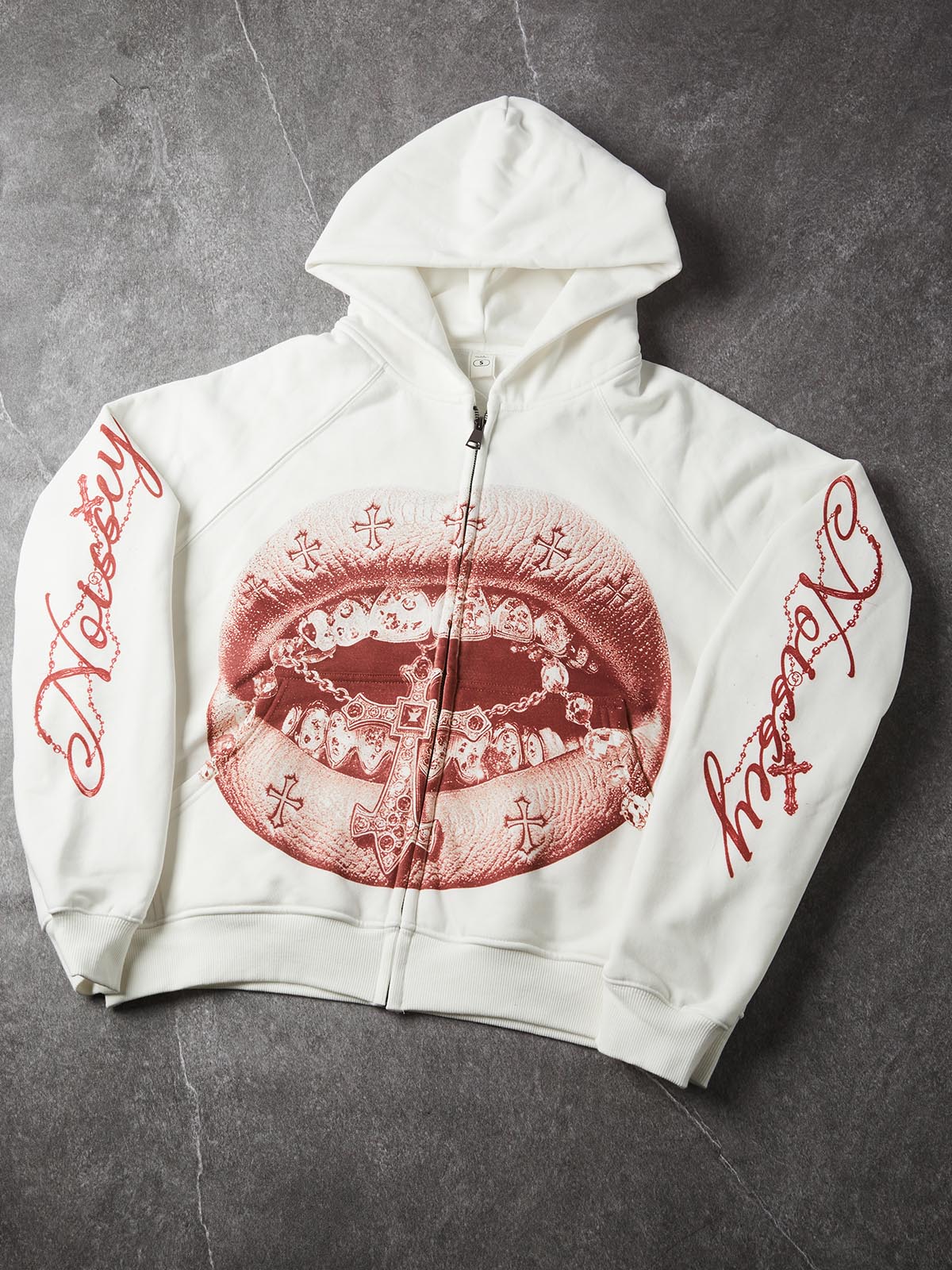 NOISSEY "Red Print Cross Grills" Full-Zip Hoodie - White