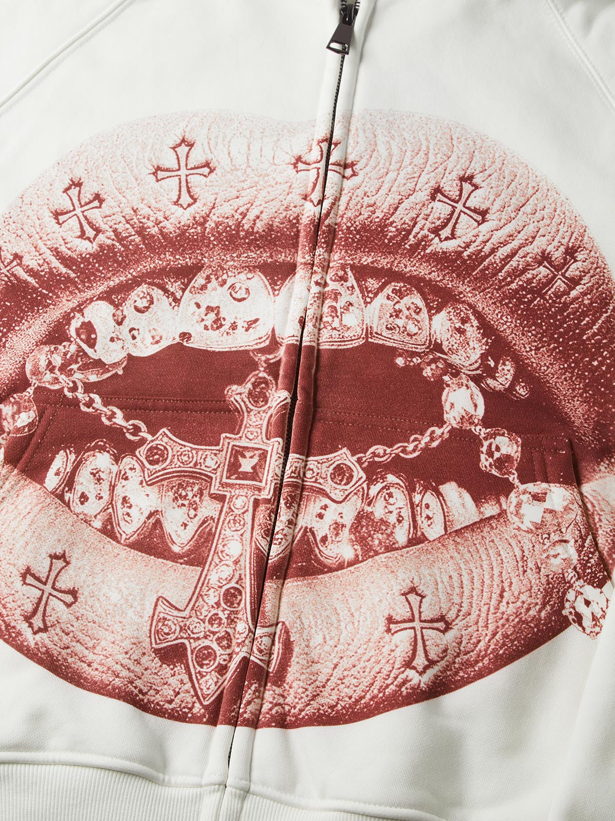 NOISSEY "Red Print Cross Grills" Full-Zip Hoodie - White