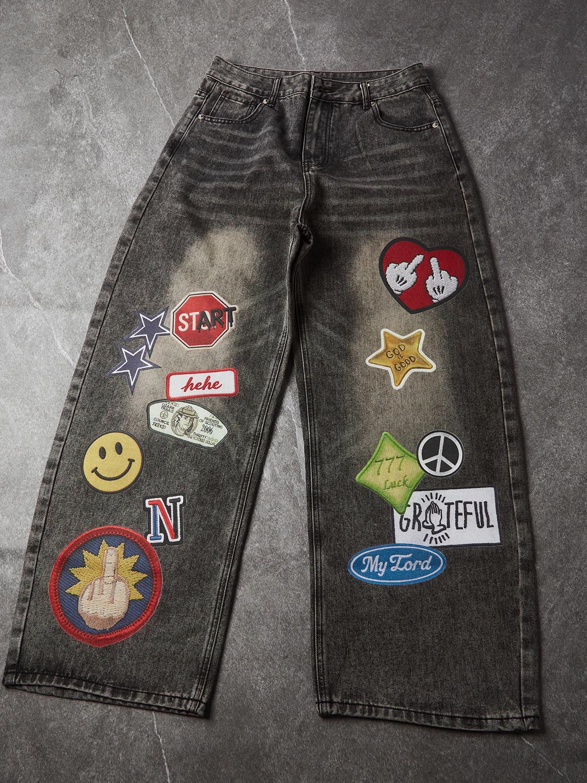 NOISSEY "Urban Collage" Distressed Wide-Leg Denim Jeans