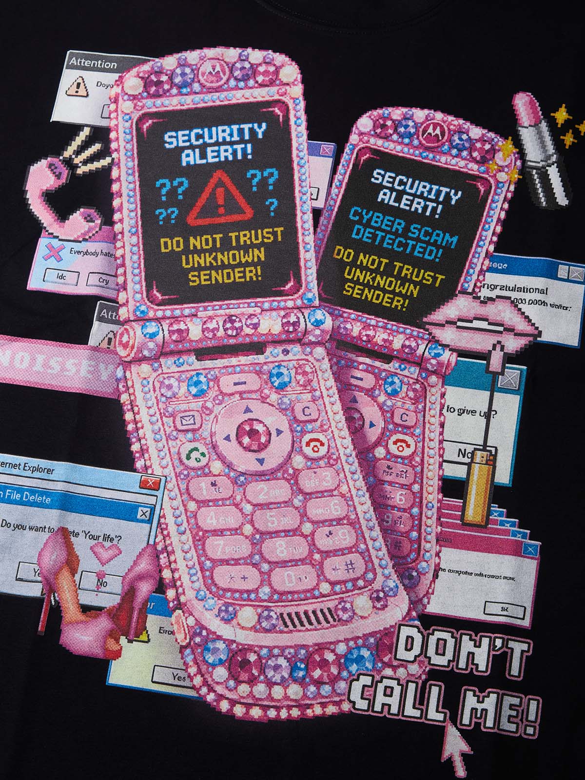 NOISSEY "Y2K Cyber Glitch" Pink Flip Phone Cropped Boxy T-Shirt - Black