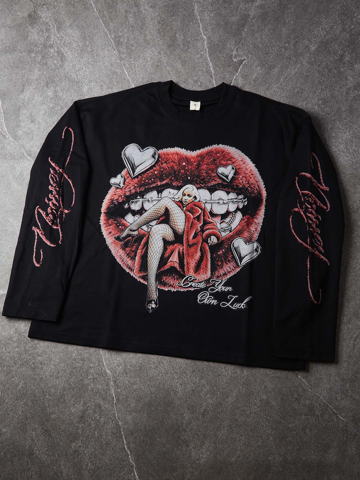 NOISSEY Ruby Lips Grills Graphic Heavyweight Long Sleeve Tee - Black Streetwear Shirt