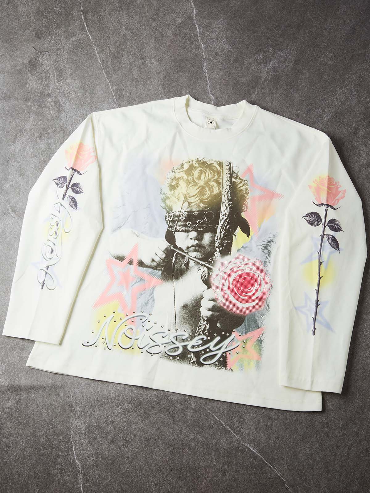 NOISSEY "Blind Cupid" Morandi Tone Paisley Blindfolded Angel &amp; Rose White Long-Sleeve Tee