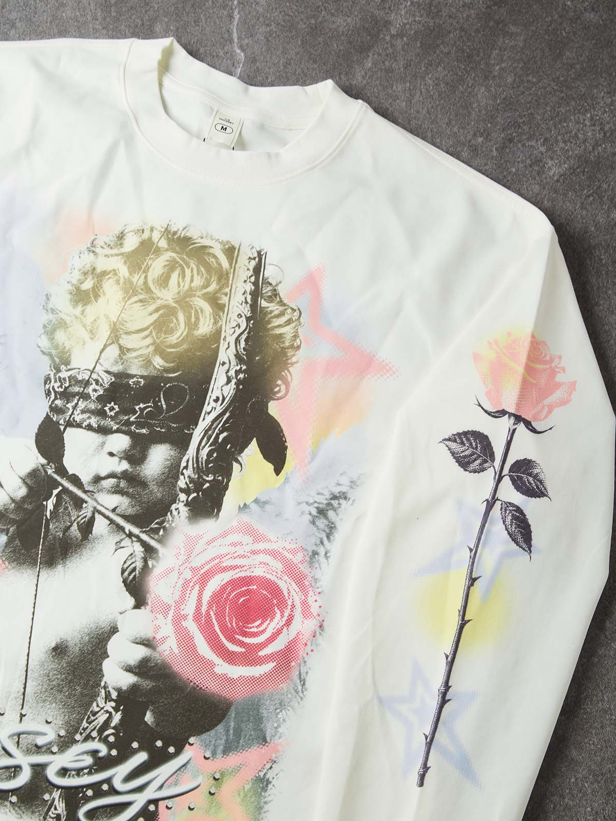 NOISSEY "Blind Cupid" Morandi Tone Paisley Blindfolded Angel &amp; Rose White Long-Sleeve Tee