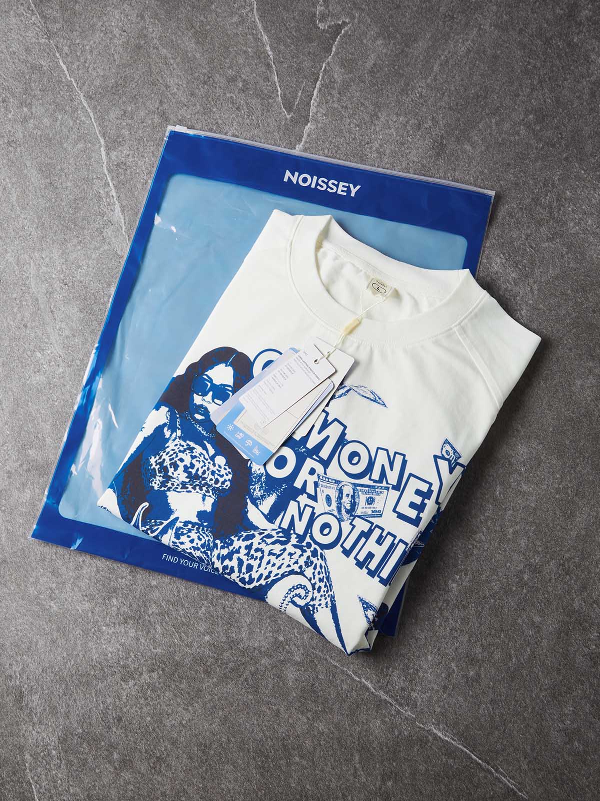 NOISSEY "Get Money Or Nothing" Blue-Tone Leopard Girl &amp; Doberman Fake Two-Piece Long-Sleeve Tee
