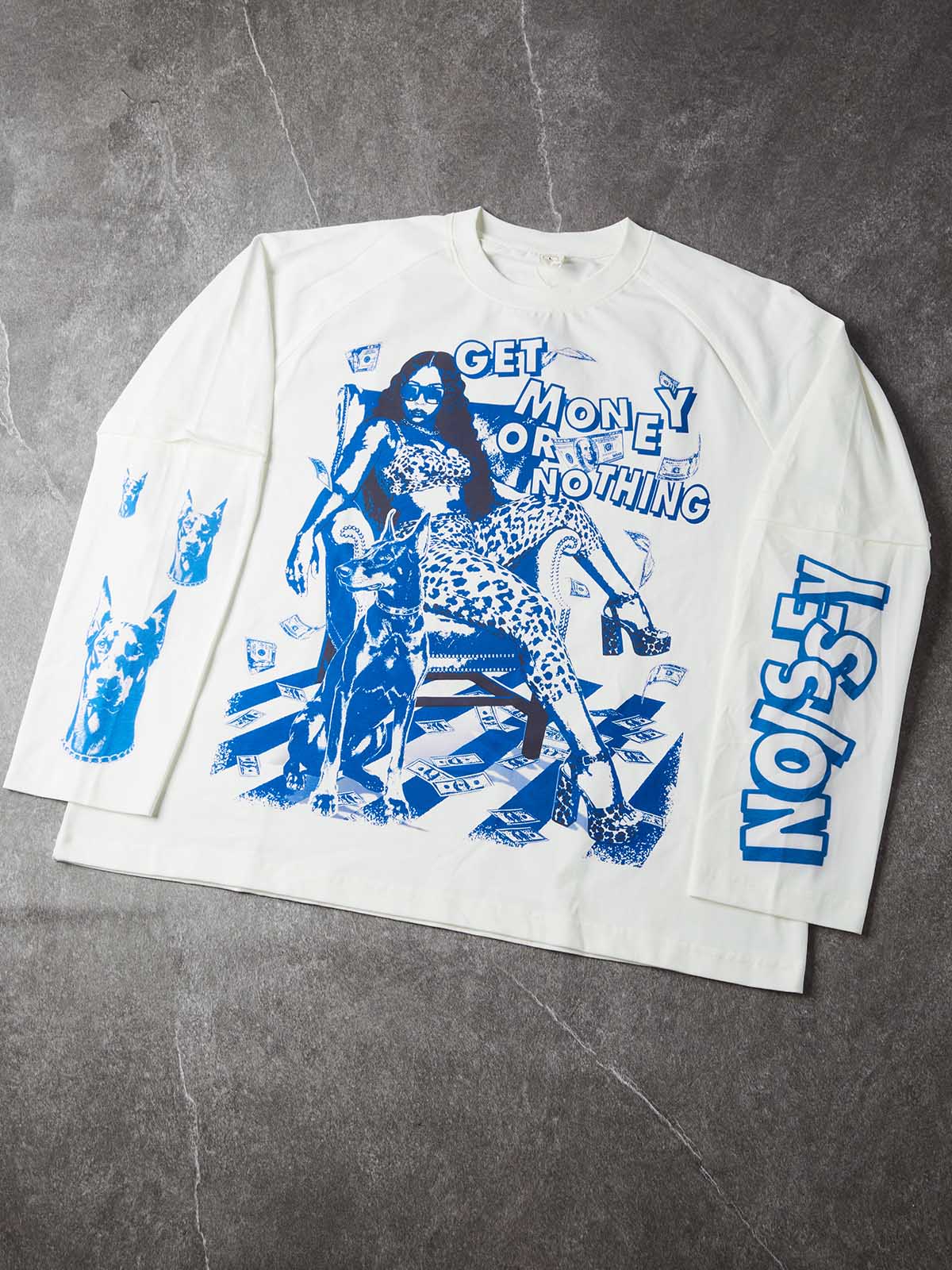 NOISSEY "Get Money Or Nothing" Blue-Tone Leopard Girl &amp; Doberman Fake Two-Piece Long-Sleeve Tee