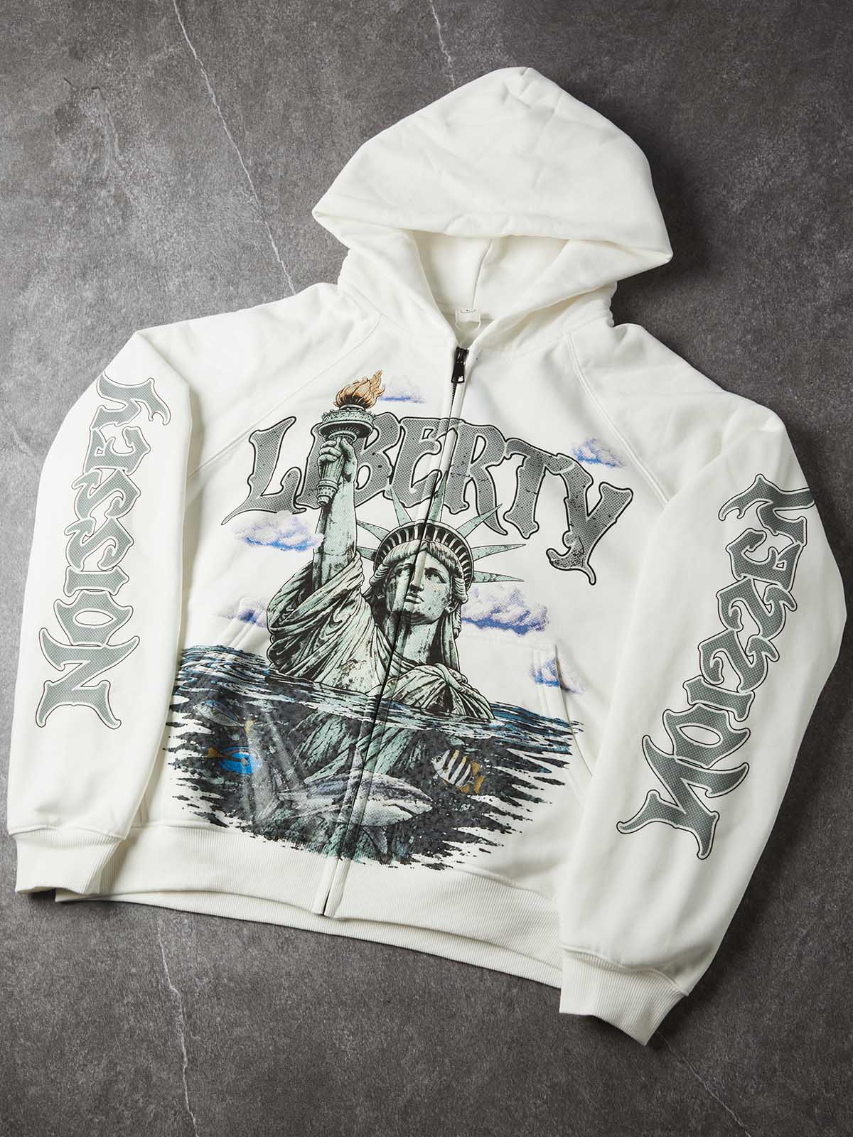 NOISSEY "Liberty" Statue of Liberty & Fish White Zip-Up Hoodie