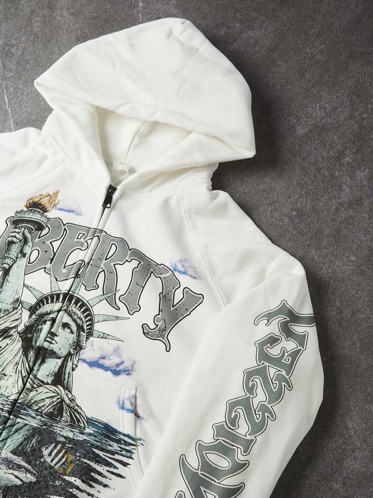 NOISSEY "Liberty" Statue of Liberty & Fish White Zip-Up Hoodie