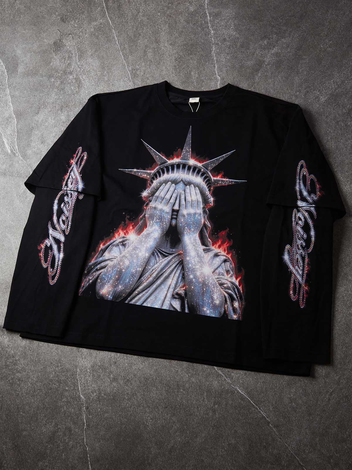 NOISSEY "Burning Liberty" Rhinestone-Effect Face-Covered Statue of Liberty Black Fake Two-Piece Long-Sleeve Tee