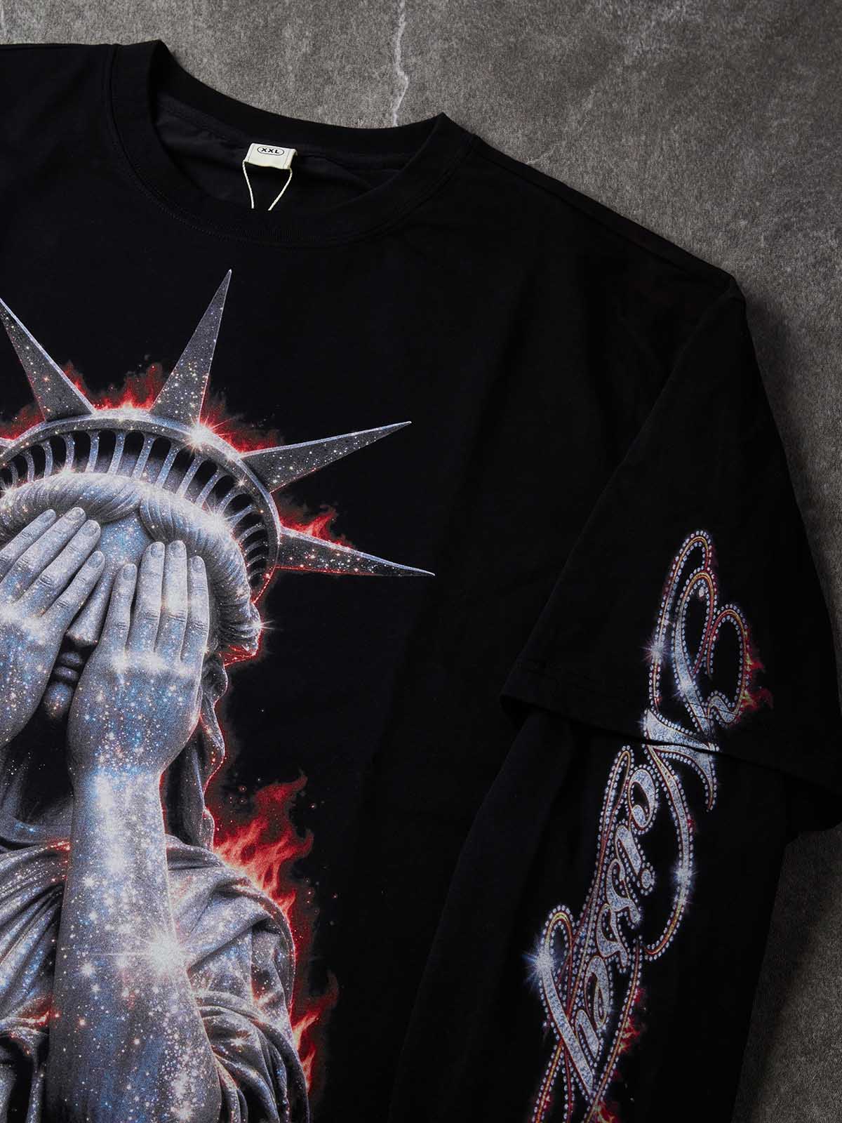 NOISSEY "Burning Liberty" Rhinestone-Effect Face-Covered Statue of Liberty Black Fake Two-Piece Long-Sleeve Tee