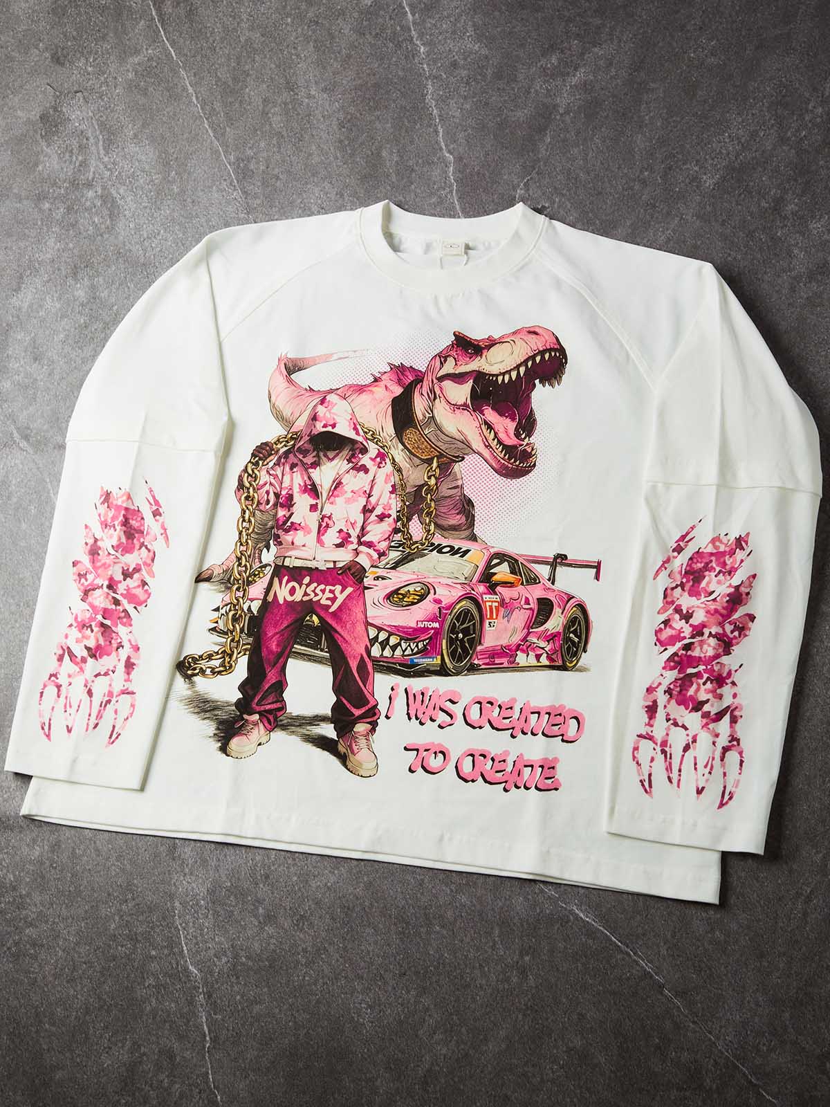 NOISSEY "I Was Created to Create" Pink Camo Dino Fake Two-Piece Long-Sleeve Tee