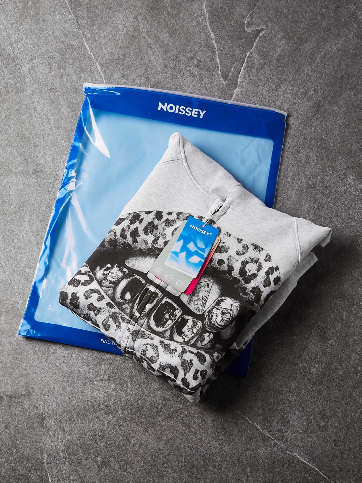 NOISSEY "Double Leopard Lips" Rhinestone Grillz Heather Grey Zip-Up Hoodie