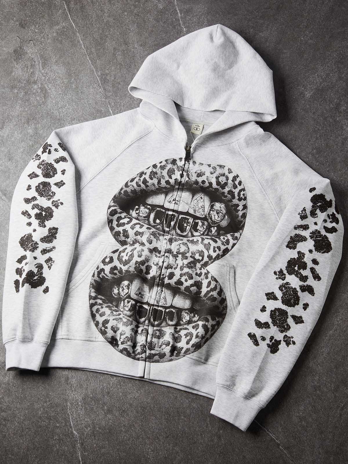 NOISSEY "Double Leopard Lips" Rhinestone Grillz Heather Grey Zip-Up Hoodie