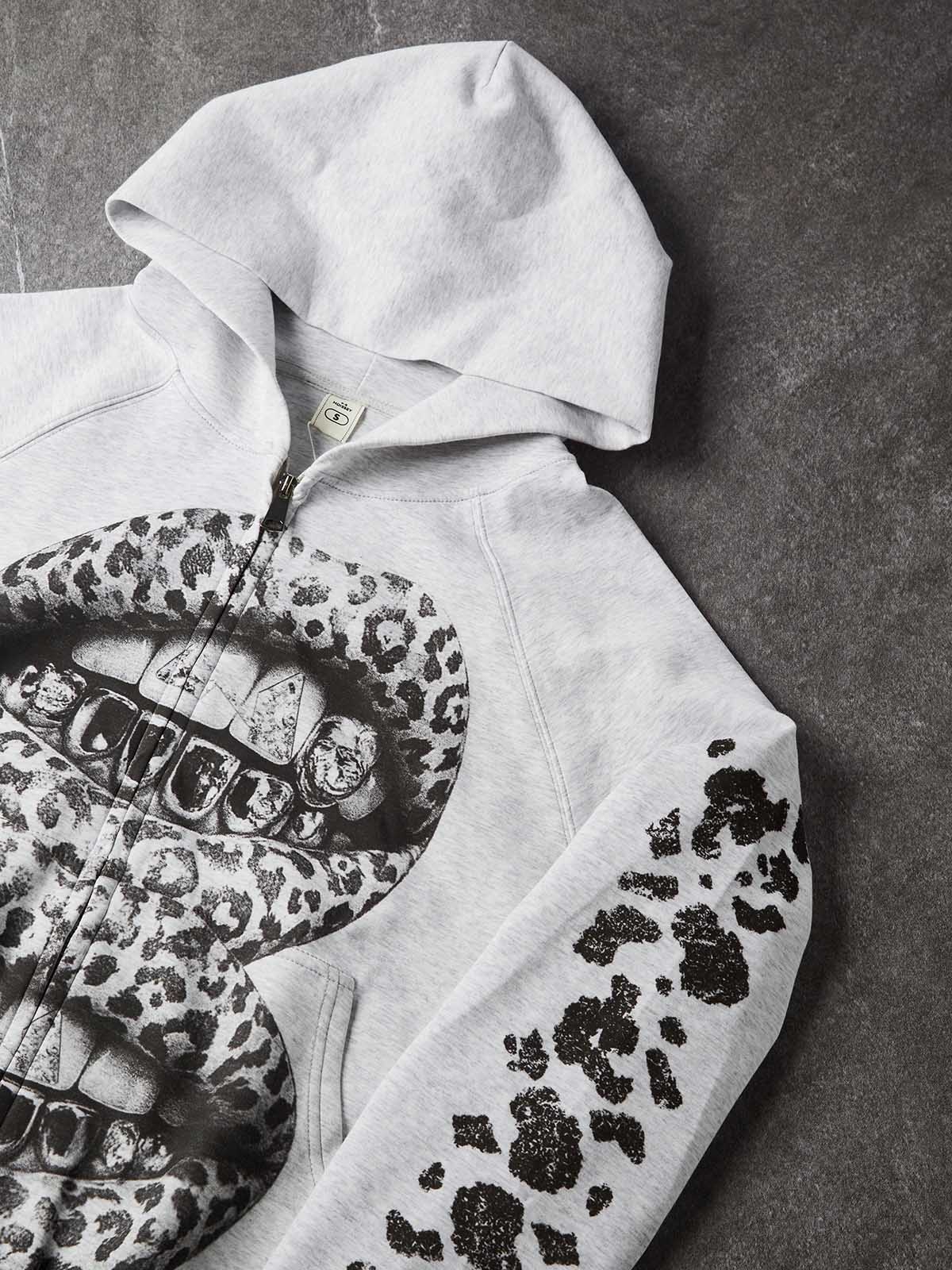 NOISSEY "Double Leopard Lips" Rhinestone Grillz Heather Grey Zip-Up Hoodie