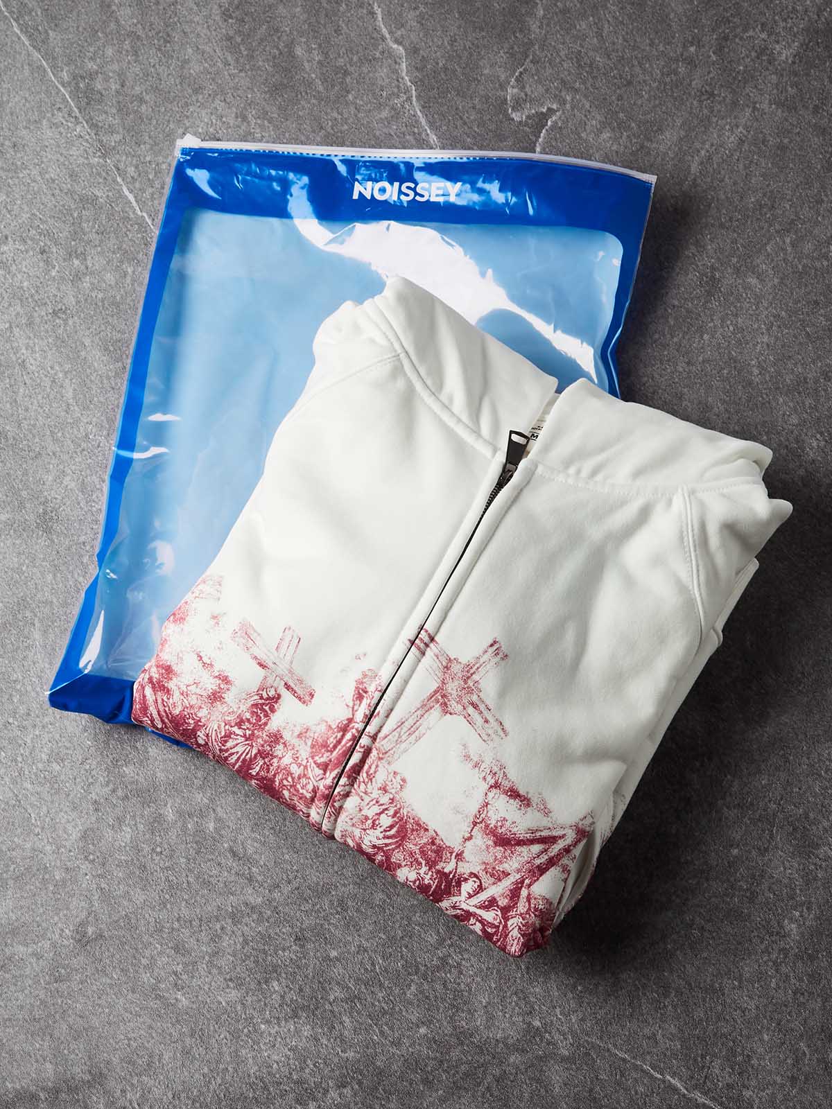 NOISSEY "Red Pilgrimage Cross" Printmaking Full-Zip Hoodie - White