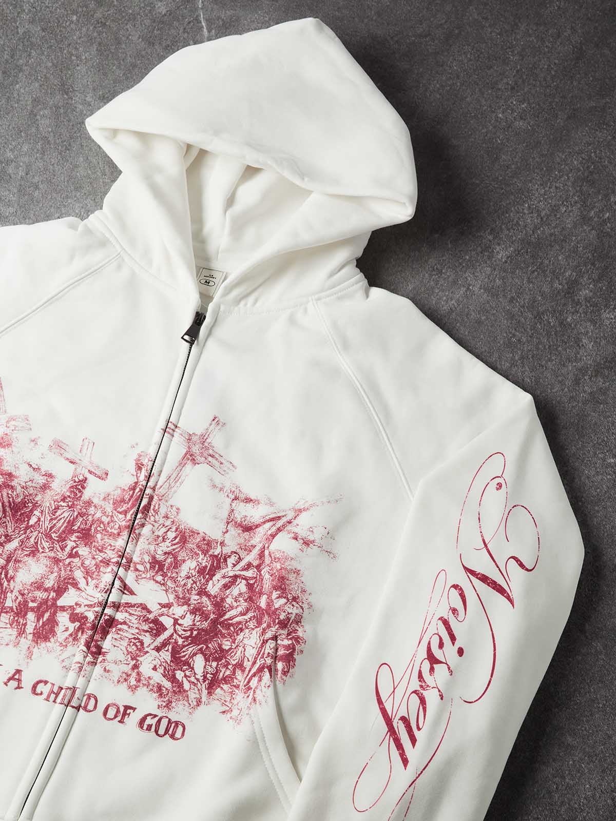 NOISSEY "Red Pilgrimage Cross" Printmaking Full-Zip Hoodie - White