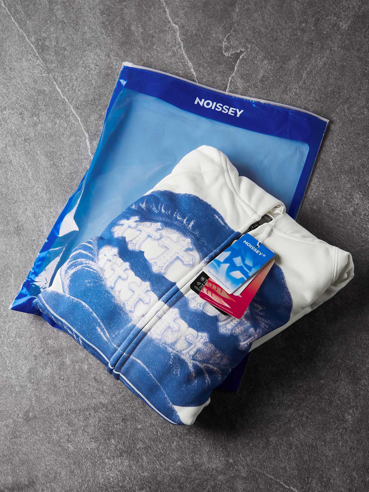 NOISSEY "Blue Monochrome Cross Lips" Cross Grillz White Zip-Up Hoodie