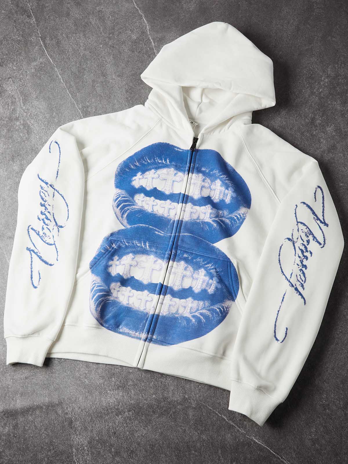 NOISSEY "Blue Monochrome Cross Lips" Cross Grillz White Zip-Up Hoodie