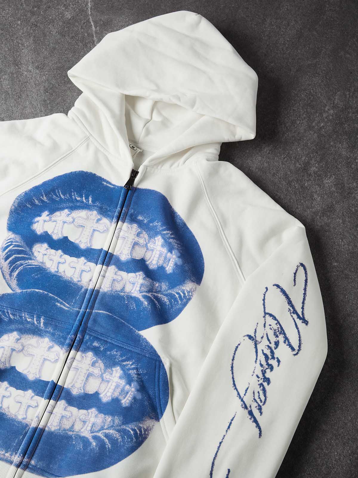 NOISSEY "Blue Monochrome Cross Lips" Cross Grillz White Zip-Up Hoodie