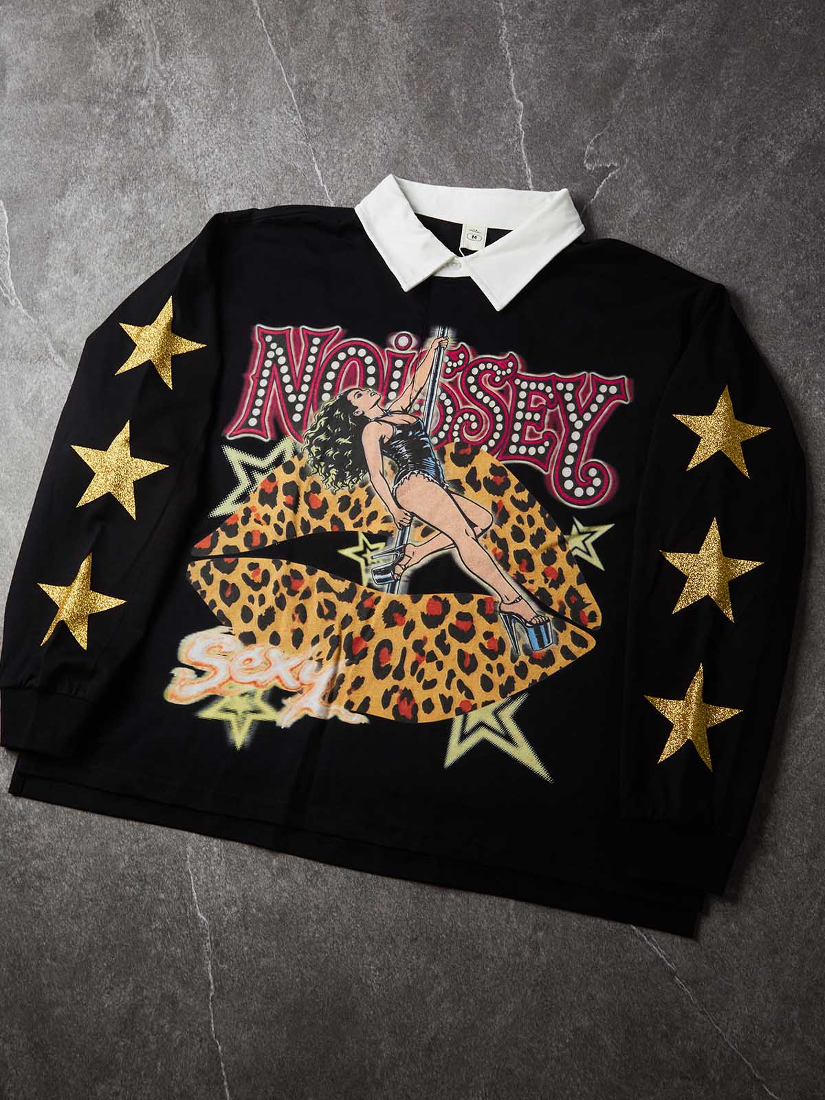 NOISSEY Leopard Pole Dancer Neon Light-Tube Graphic Heavyweight Contrast Collar Polo Long Sleeves