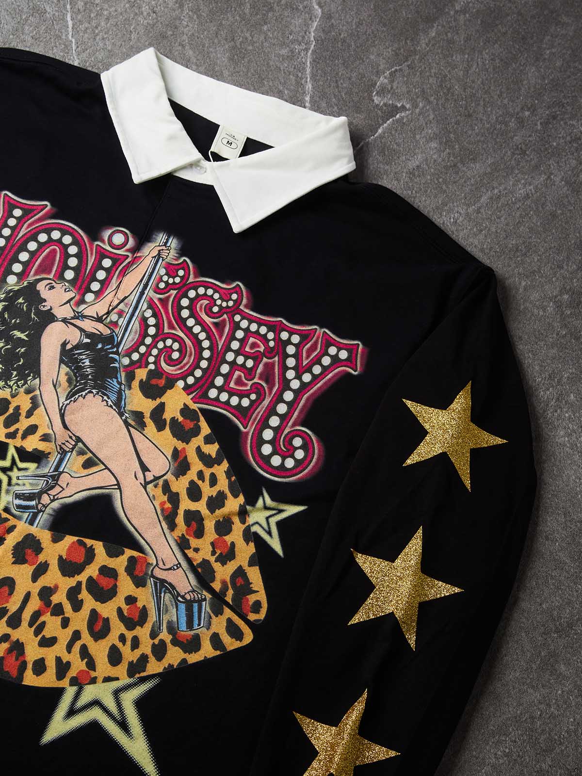 NOISSEY Leopard Pole Dancer Neon Light-Tube Graphic Heavyweight Contrast Collar Polo Long Sleeves