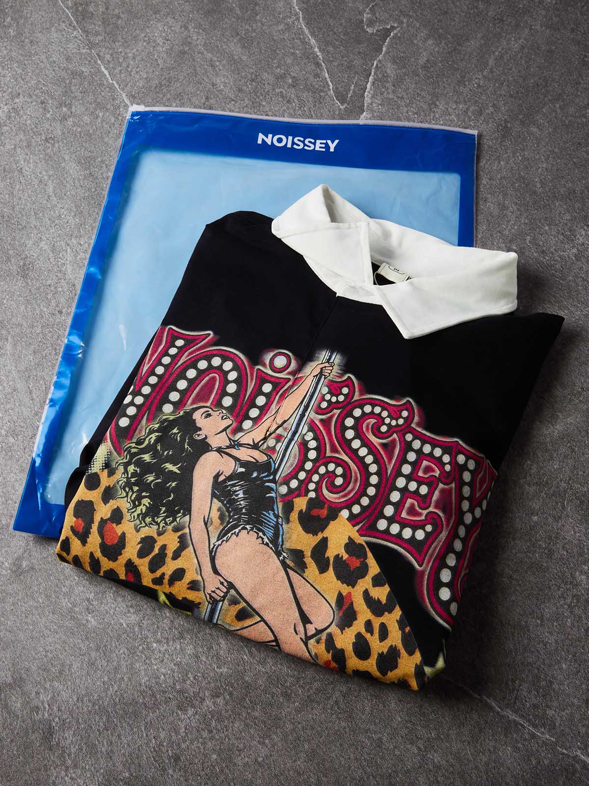NOISSEY Leopard Pole Dancer Neon Light-Tube Graphic Heavyweight Contrast Collar Polo Long Sleeves