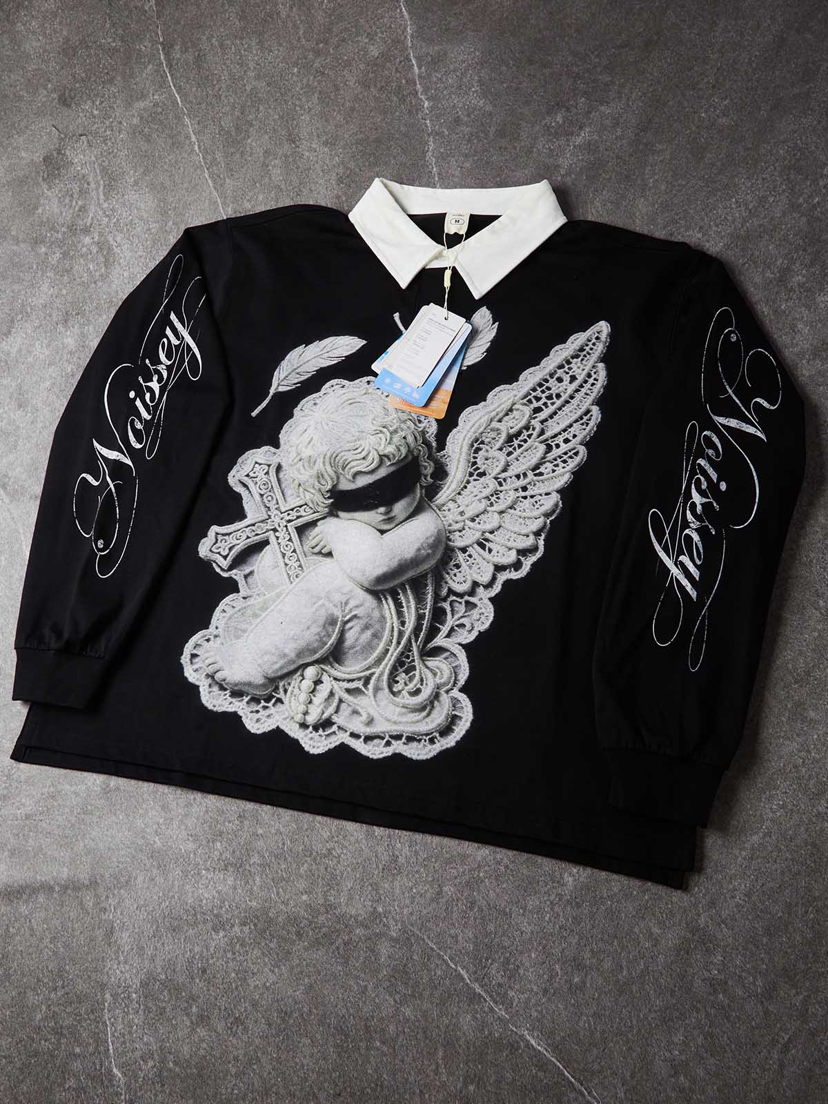 NOISSEY Faux-Lace Blindfolded Angel Cross Graphic Heavyweight Contrast Collar Polo Long Sleeves
