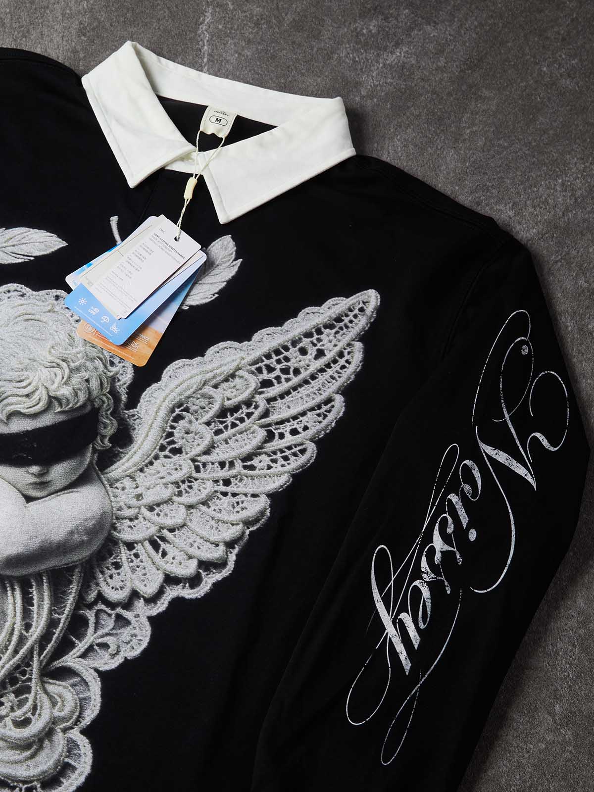 NOISSEY Faux-Lace Blindfolded Angel Cross Graphic Heavyweight Contrast Collar Polo Long Sleeves