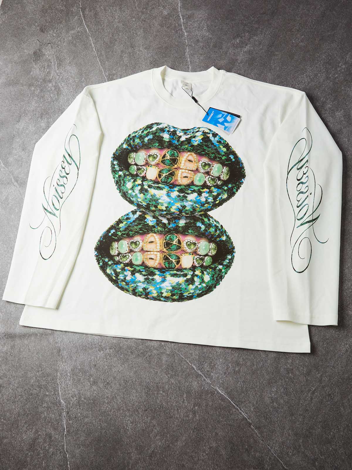NOISSEY Double Green Glitter Lips Marble Grillz White Long Sleeve Shirt