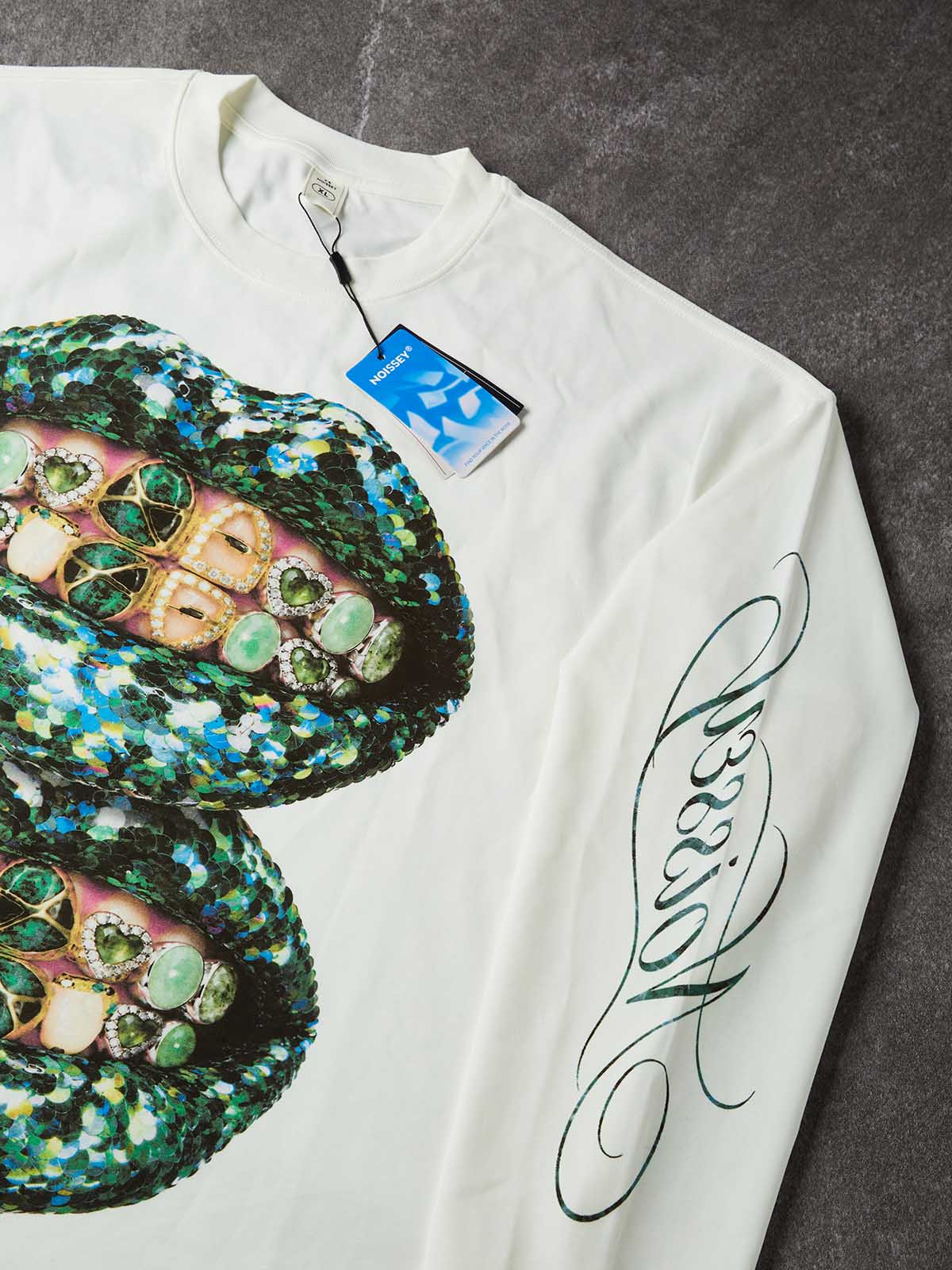 NOISSEY Double Green Glitter Lips Marble Grillz White Long Sleeve Shirt