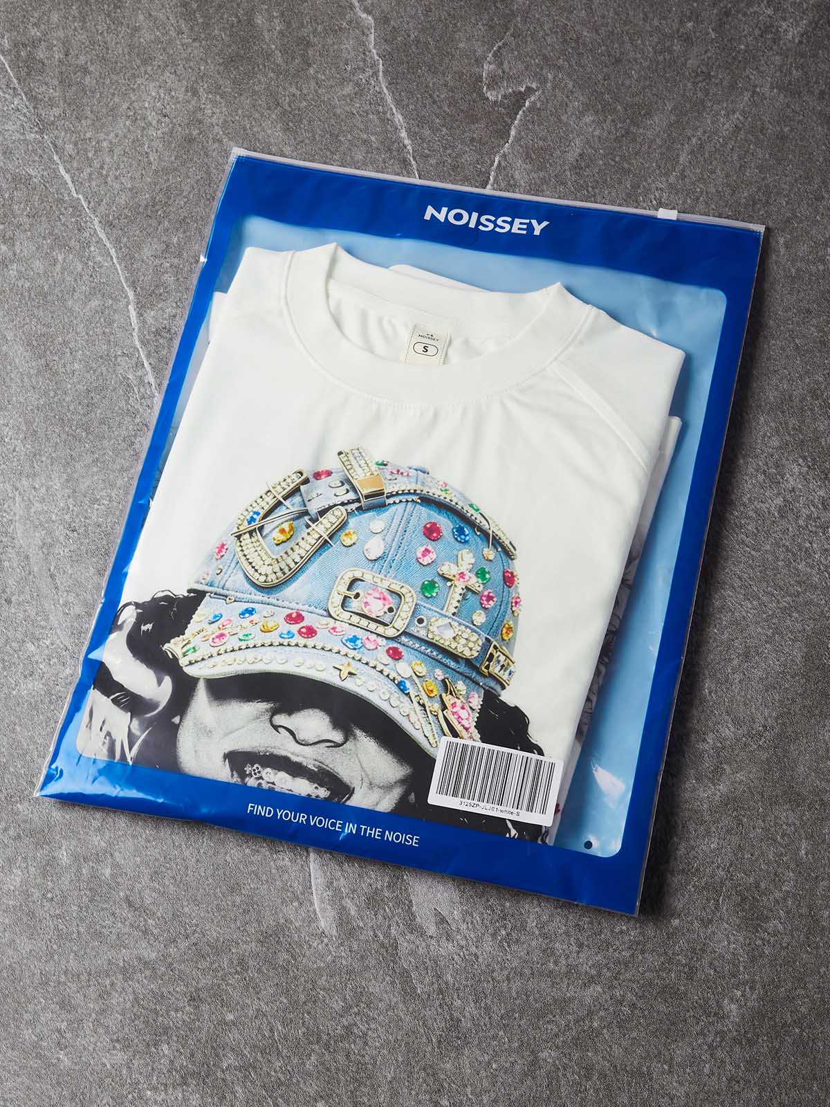 NOISSEY Bedazzled Cap Portrait Graphic Heavyweight Faux Two-Piece Crewneck Long Sleeves