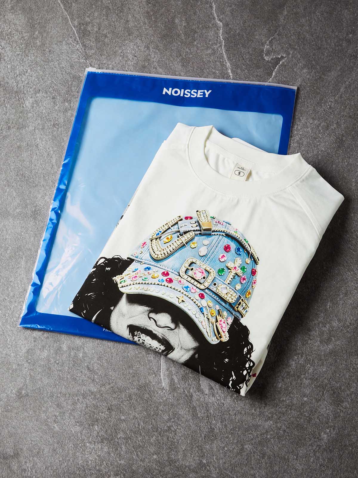 NOISSEY Bedazzled Cap Portrait Graphic Heavyweight Faux Two-Piece Crewneck Long Sleeves