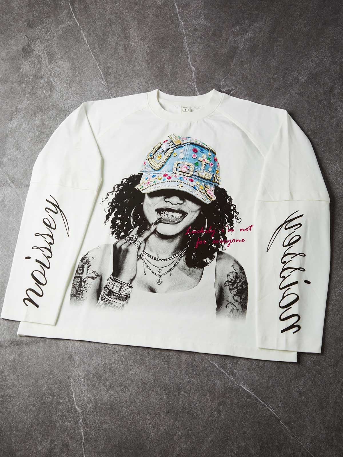 NOISSEY Bedazzled Cap Portrait Graphic Heavyweight Faux Two-Piece Crewneck Long Sleeves