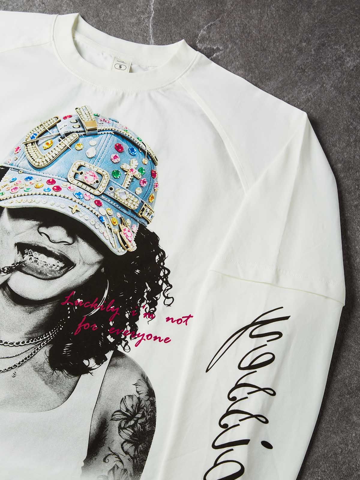 NOISSEY Bedazzled Cap Portrait Graphic Heavyweight Faux Two-Piece Crewneck Long Sleeves