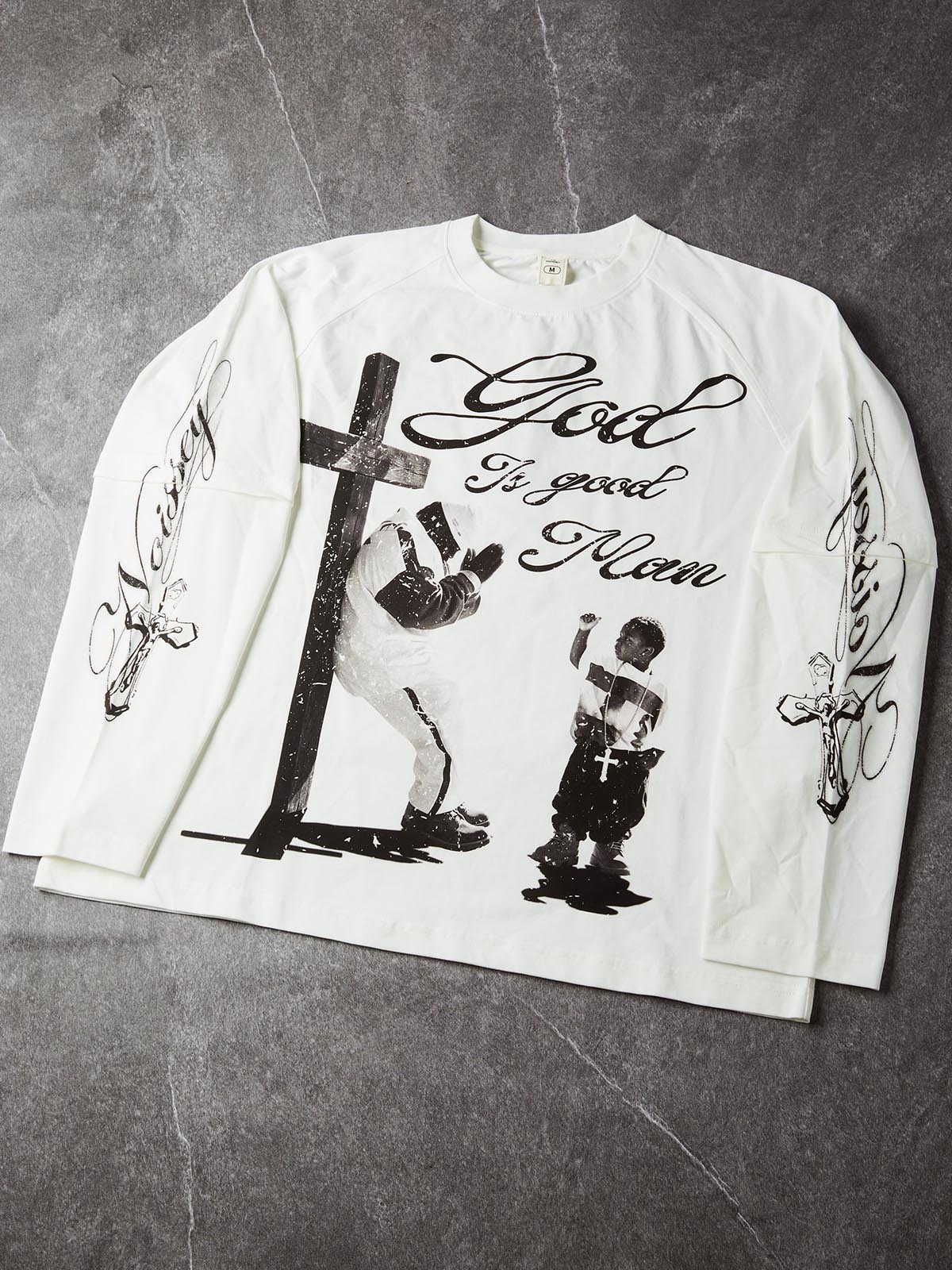 NOISSEY "God Is Good Man" Faith Theme White Faux-Layer Long Sleeves