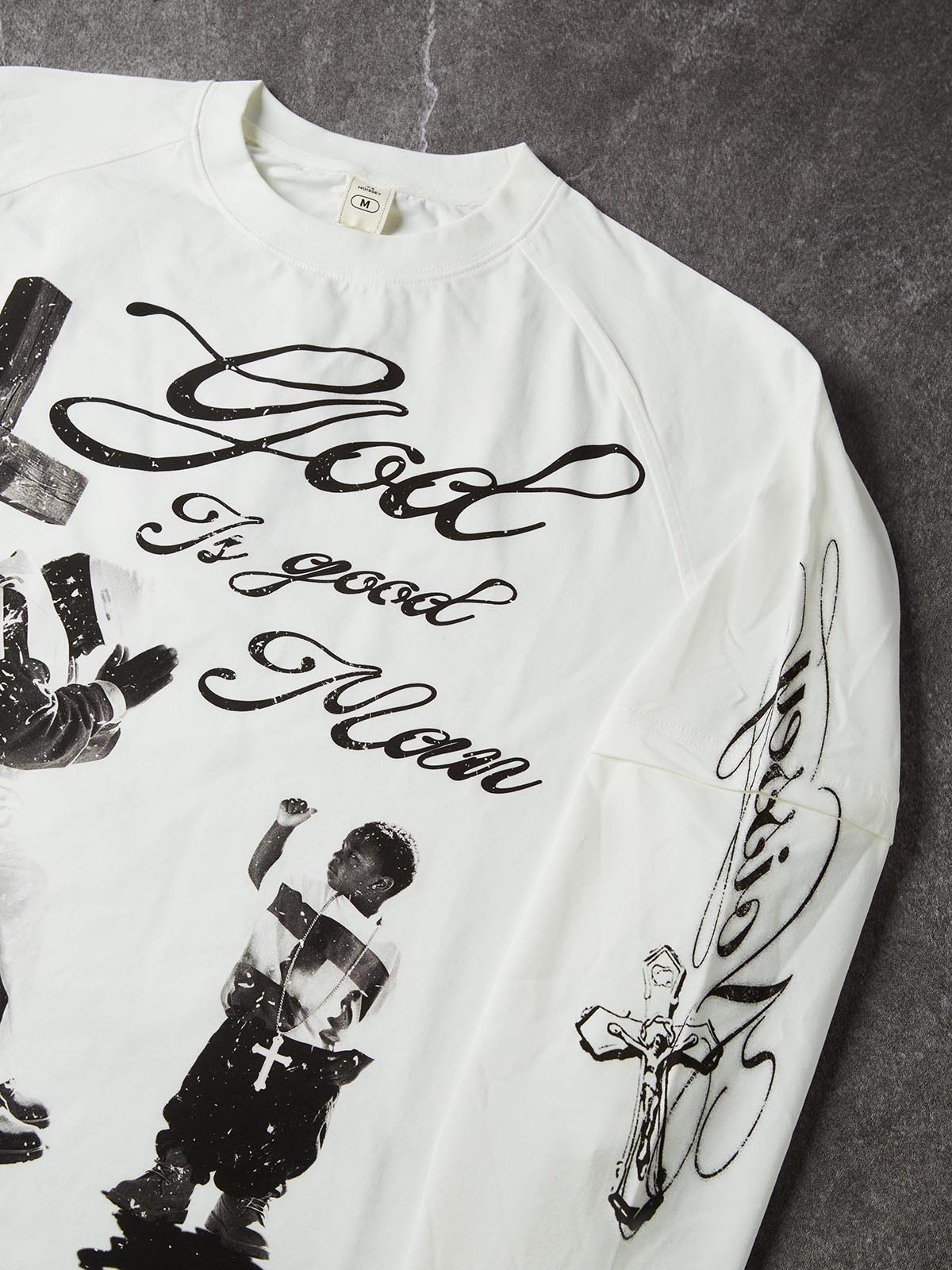 NOISSEY "God Is Good Man" Faith Theme White Faux-Layer Long Sleeves