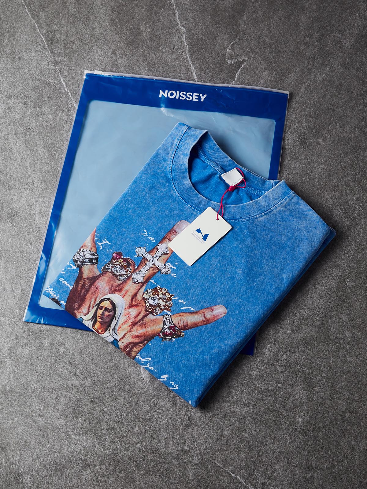 NOISSEY Pieta Diamond Rings Rebellious Hand Vintage Blue Washed Short Sleeve T-Shirt