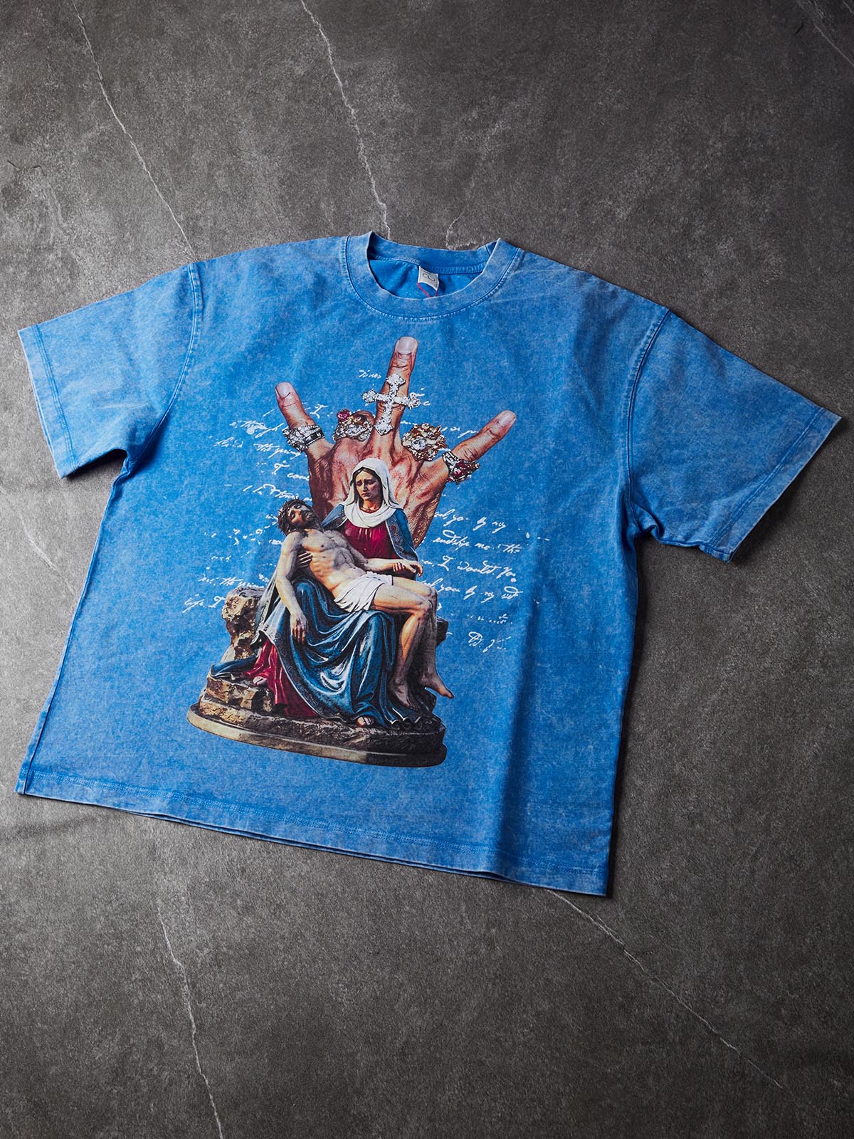 NOISSEY Pieta Diamond Rings Rebellious Hand Vintage Blue Washed Short Sleeve T-Shirt