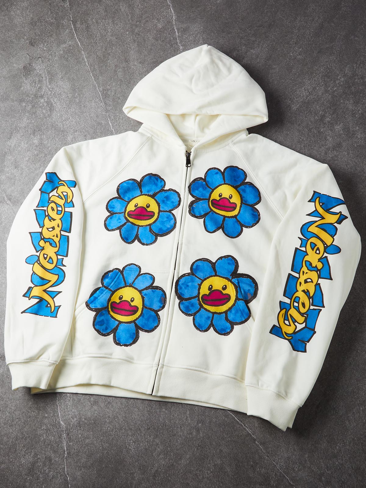 NOISSEY Blue Flower Little Yellow Duck Graffiti Smiley Zip-Up Hoodie