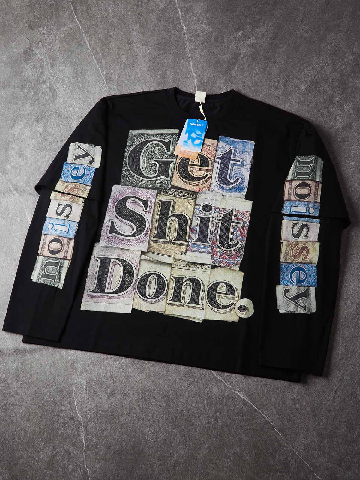 NOISSEY Money Collage "Get Shit Done" Streetwear Black Faux-Layer Long Sleeves